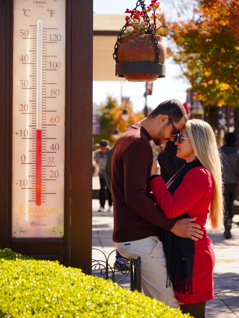 Casal na frente do termometro do centro de gramado